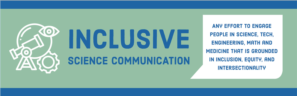 Banner graphic from the report that defines inclusive science communication as "any effort to engage people in science, tech, engineering, math and medicine that is grounded in inclusion, equity, and intersectionality."