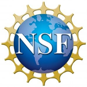 NSF logo: Earth's image is in the background with white NSF letters on top. The Earth image is framed in gold.